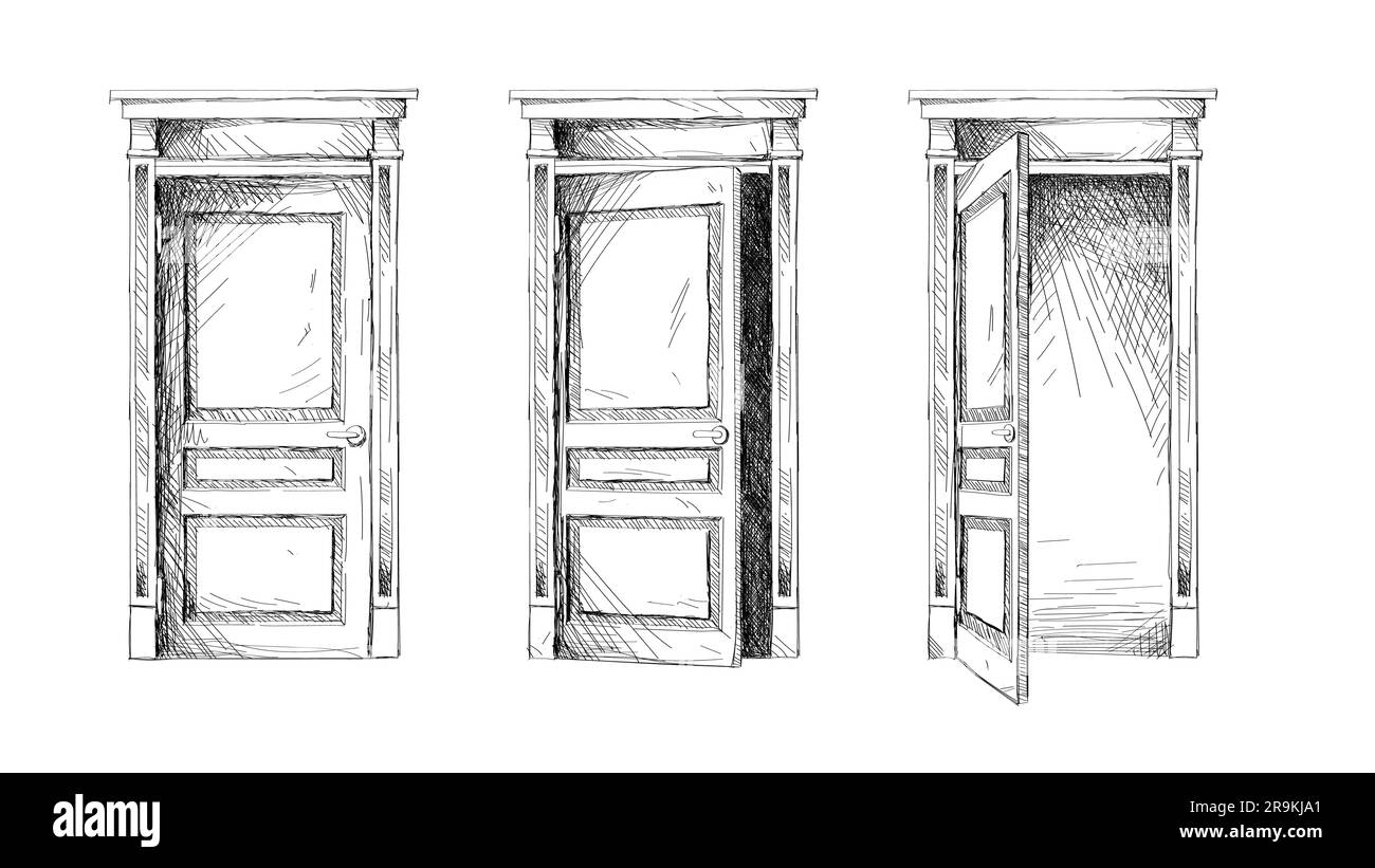 Open, ajar and closed doors, black line sketches set vector illustration. Outline front view of