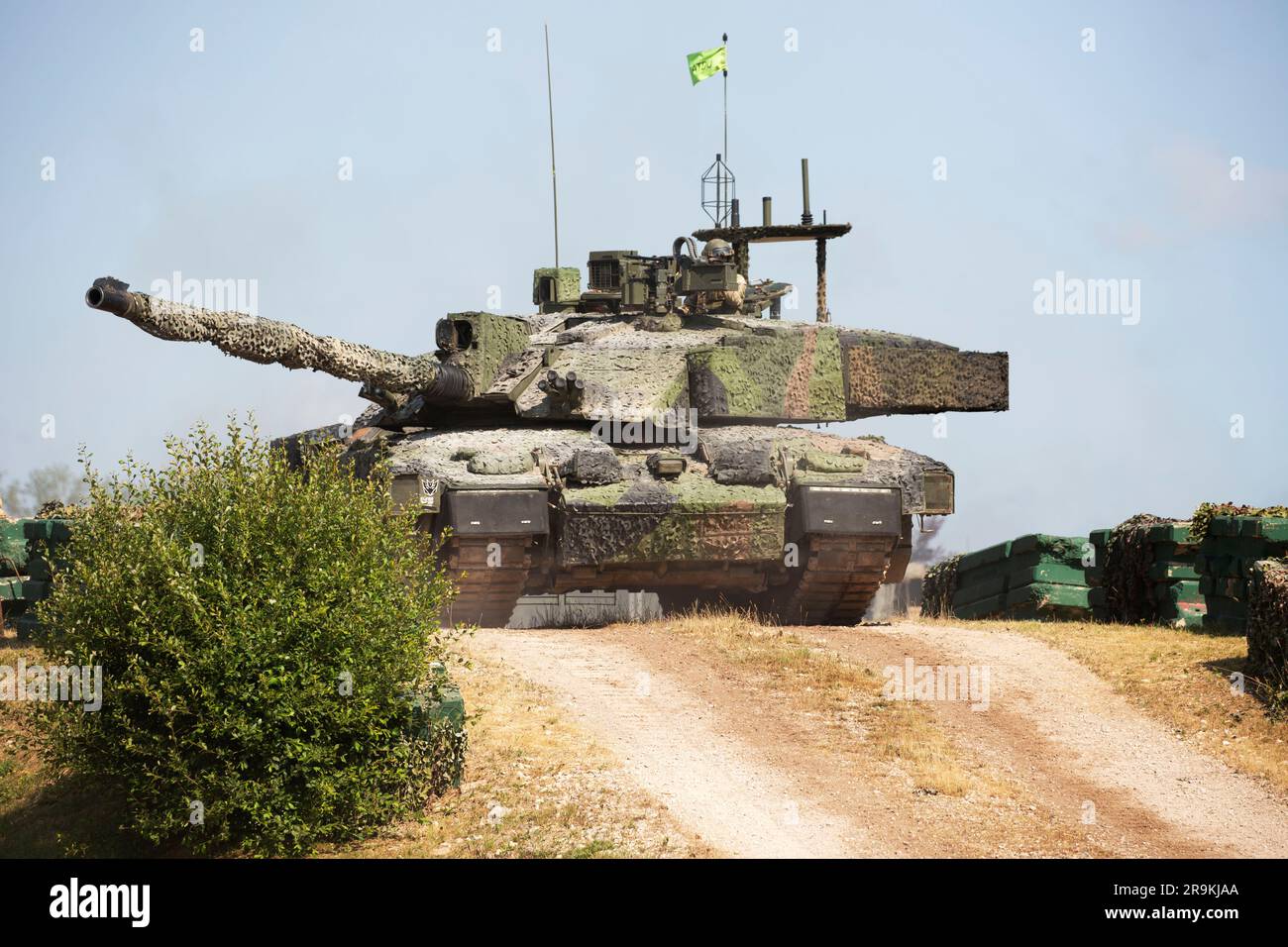 Challenger 2 TES 'Megatron', the British Theatre Entry Standard reference vehicle, fitted with a Mobile Camouflage System (MCS) in 2023. Bovington UK. Stock Photo
