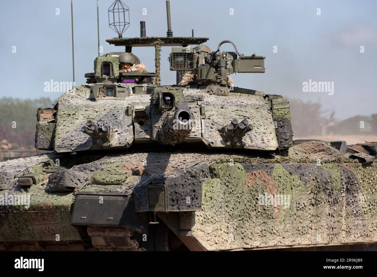 Challenger 2 TES 'Megatron', the British Theatre Entry Standard reference vehicle, fitted with a Mobile Camouflage System (MCS) in 2023. Bovington UK. Stock Photo