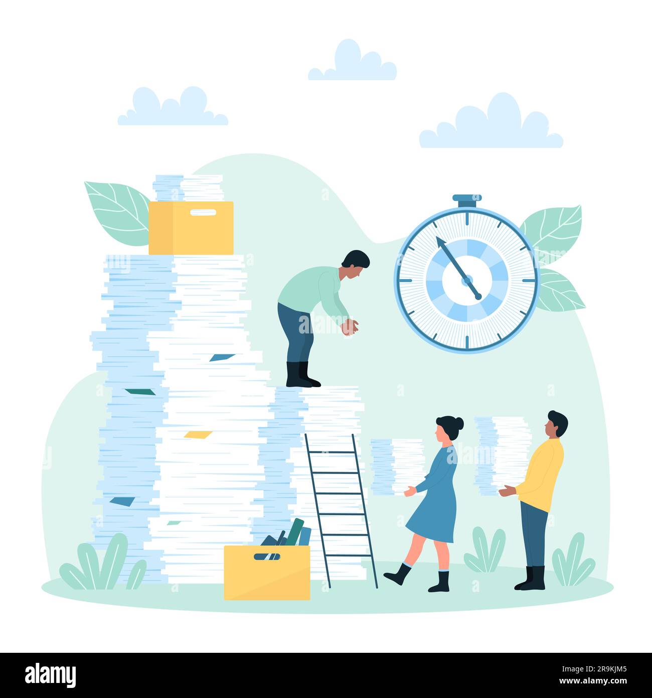 Paperwork organization in office work vector illustration. Cartoon busy tiny people carry heavy stacks of paper documents and bills to big pile, too much business paperwork, deadline and bureaucracy Stock Vector