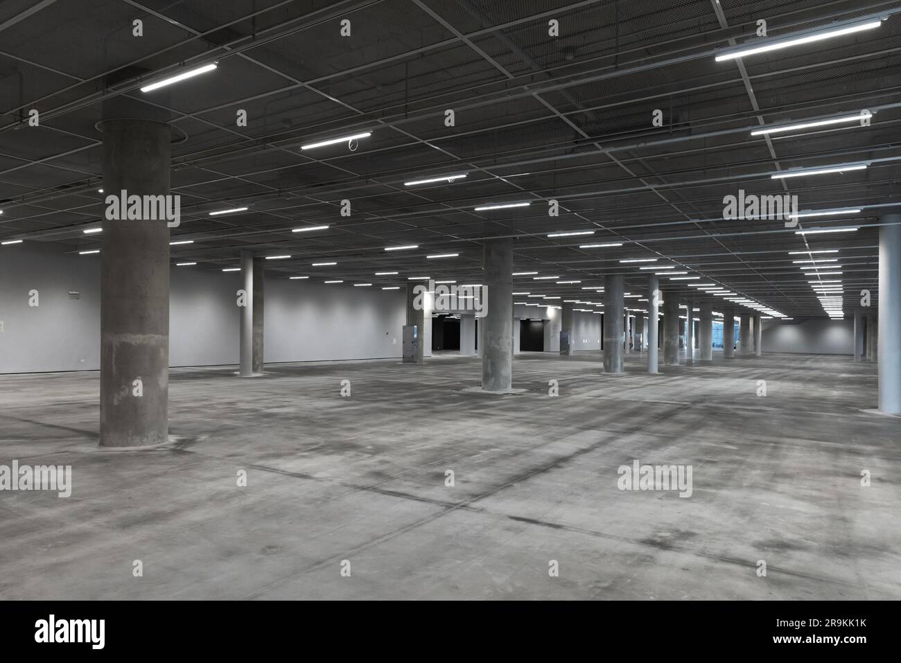 Abstract empty parking interior with concrete pillars and neon lights, modern architecture background photo Stock Photo