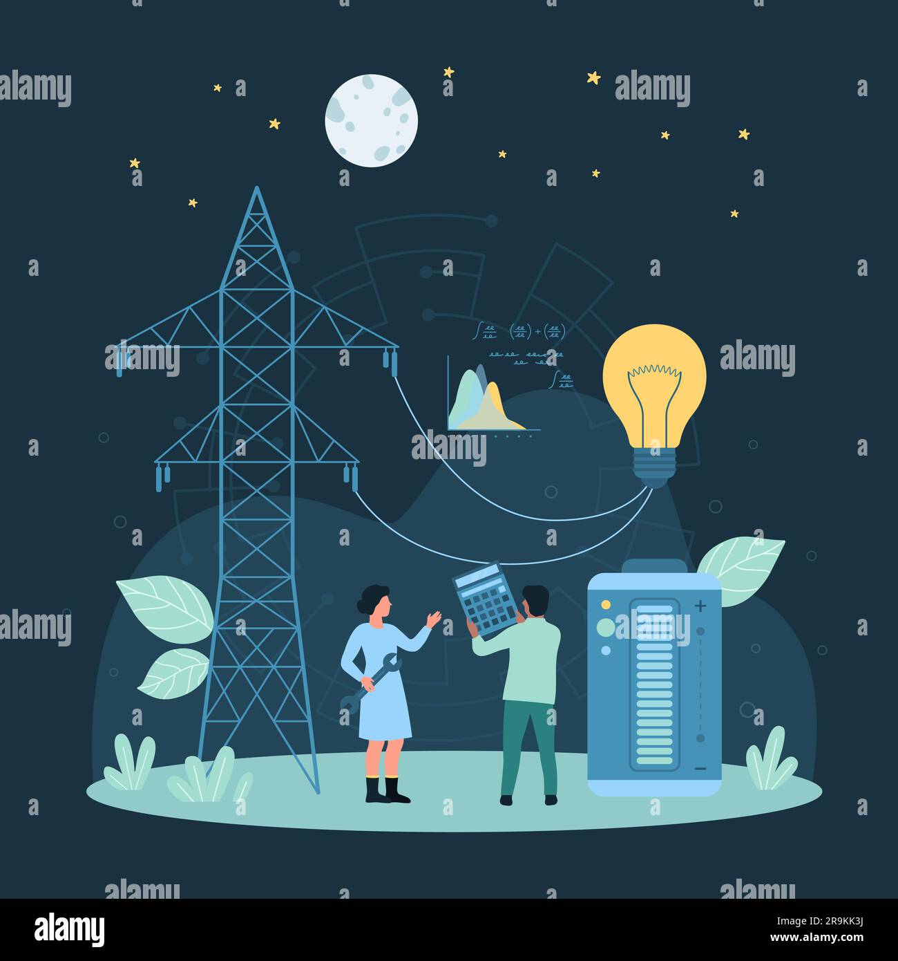 Cartoon tiny people connect light bulb, battery with high voltage power