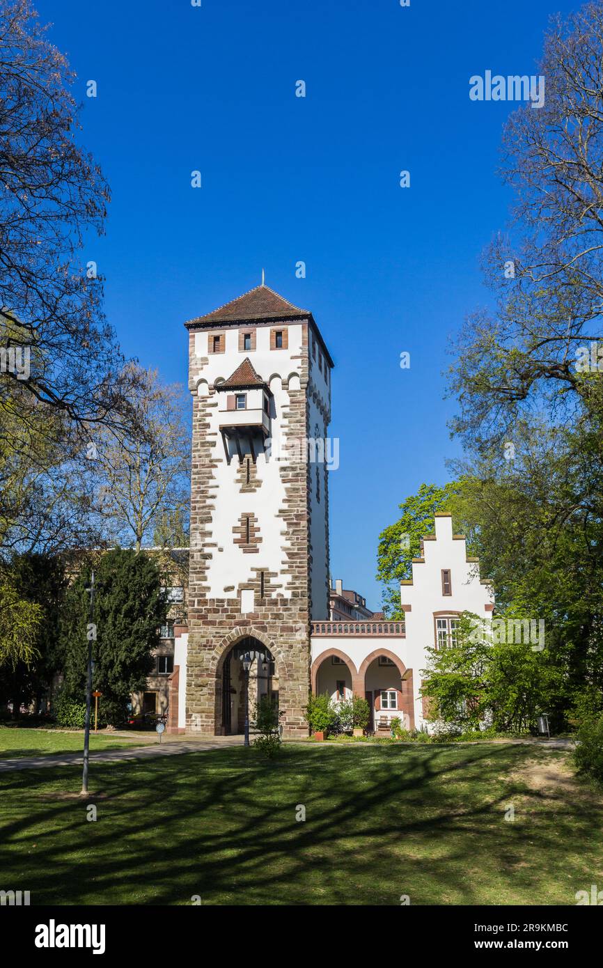 Basel, Switzerland - April 23. 2021: Ancient Saint Alban Gate in Basel, Switzerland. One of the three significant old gates in the city. Stock Photo