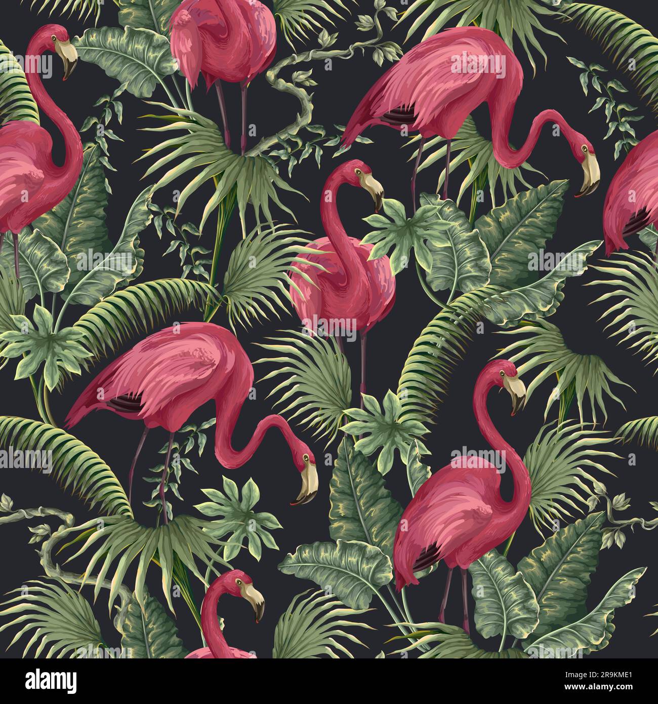 Seamless pattern with flamingos and tropical tress. Vector Stock Vector ...