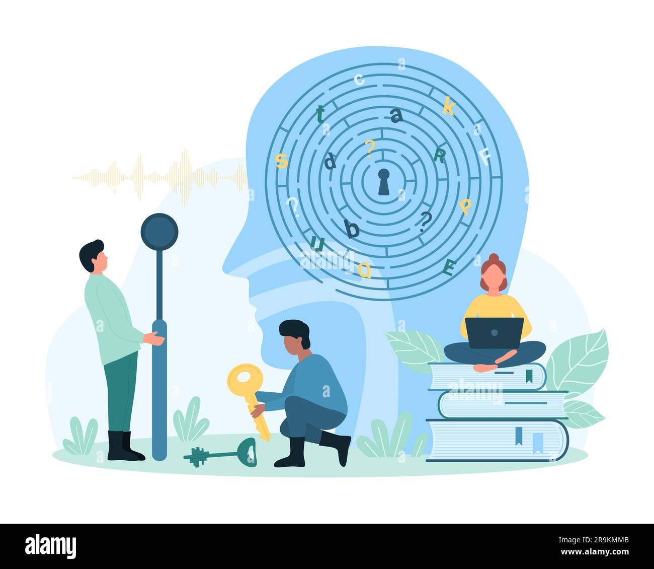 Difficulty in learning, understanding and memory, brain processing vector illustration. Cartoon tiny people holding key to lock in maze of mind with chaos of letters, help with study problems Stock Vector