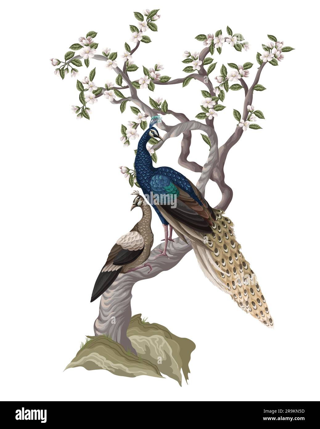 Chinoiserie mural with peacocks and flowers trees. Vector. Stock Vector