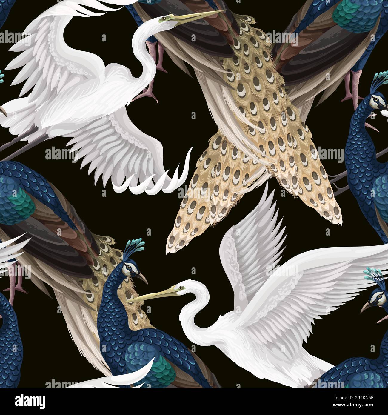 Seamless pattern with peacocks and herons. Vector Stock Vector Image ...