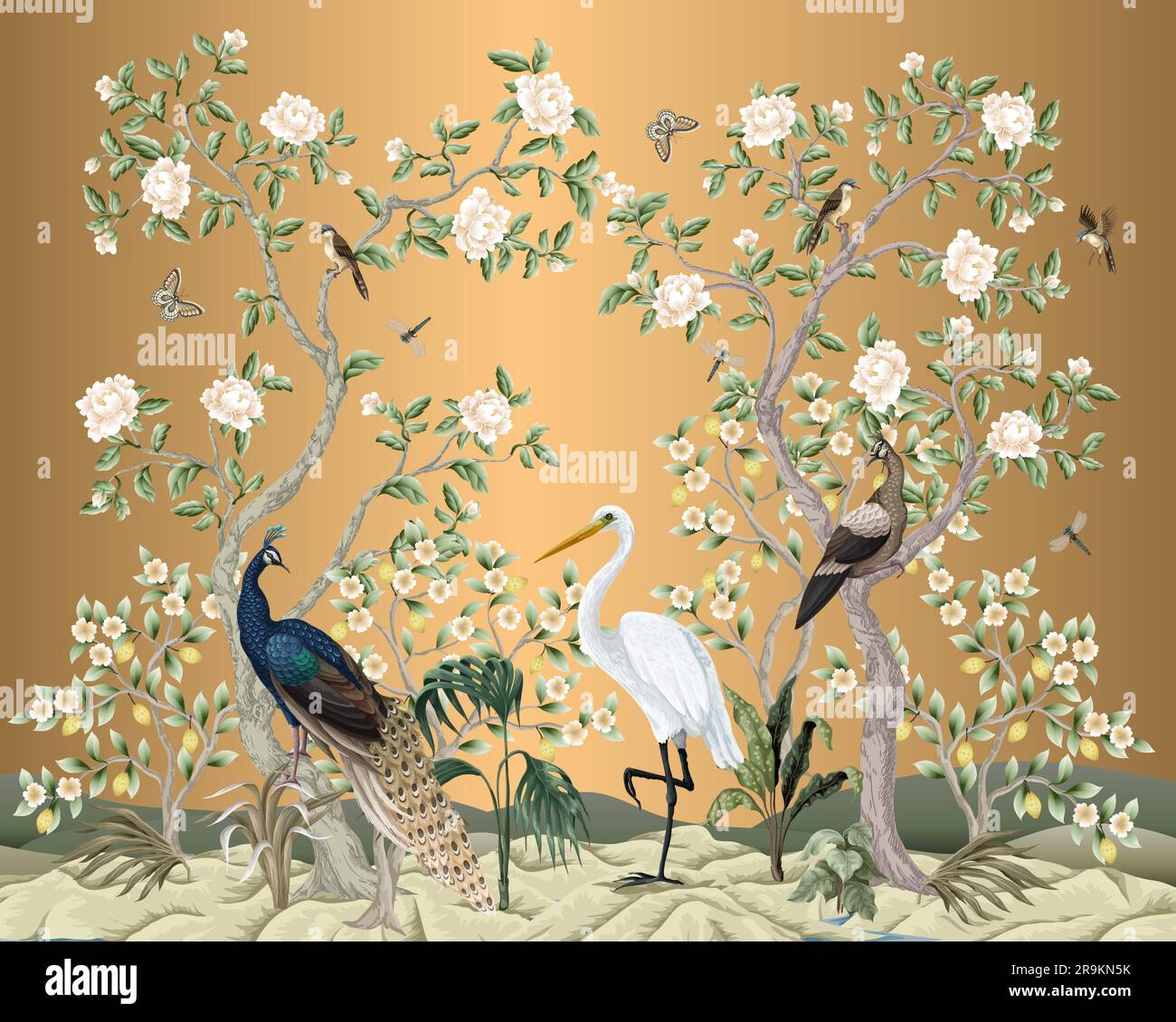 Chinoiserie mural with peacocks and flowers trees. Vector Stock Vector