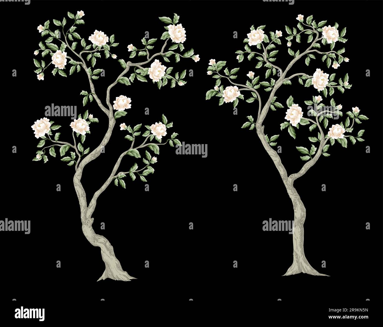 Chinoiserie trees with white peonies isolated. Vector. Stock Vector