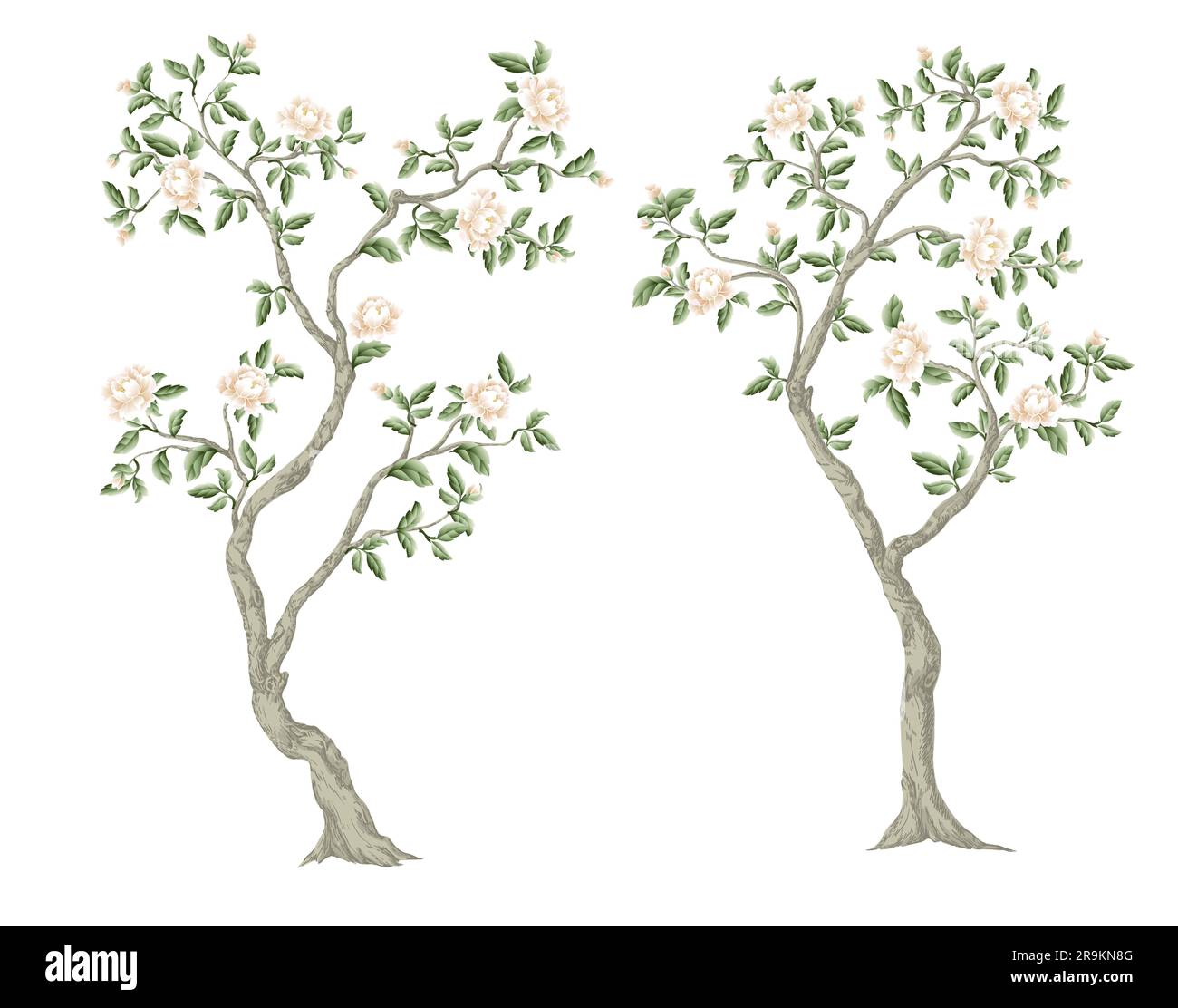 Chinoiserie trees with white peonies isolated. Vector. Stock Vector
