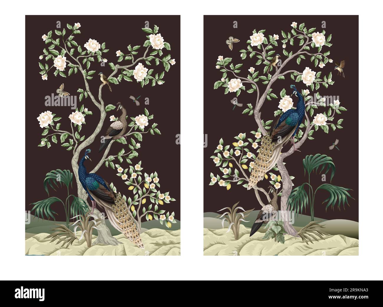 Chinoiserie mural with peacocks and flowers trees. Vector. Stock Vector