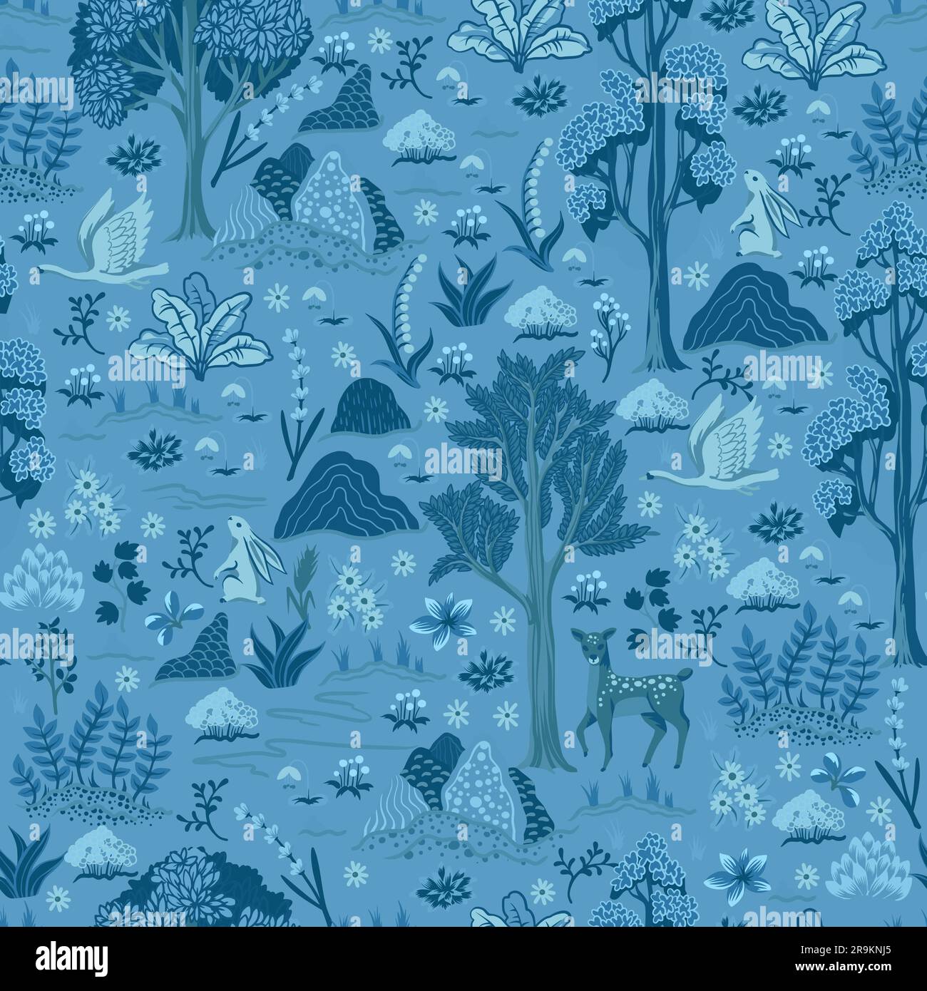 Seamless rustic pattern with trees, animals and plants. Vector Stock ...