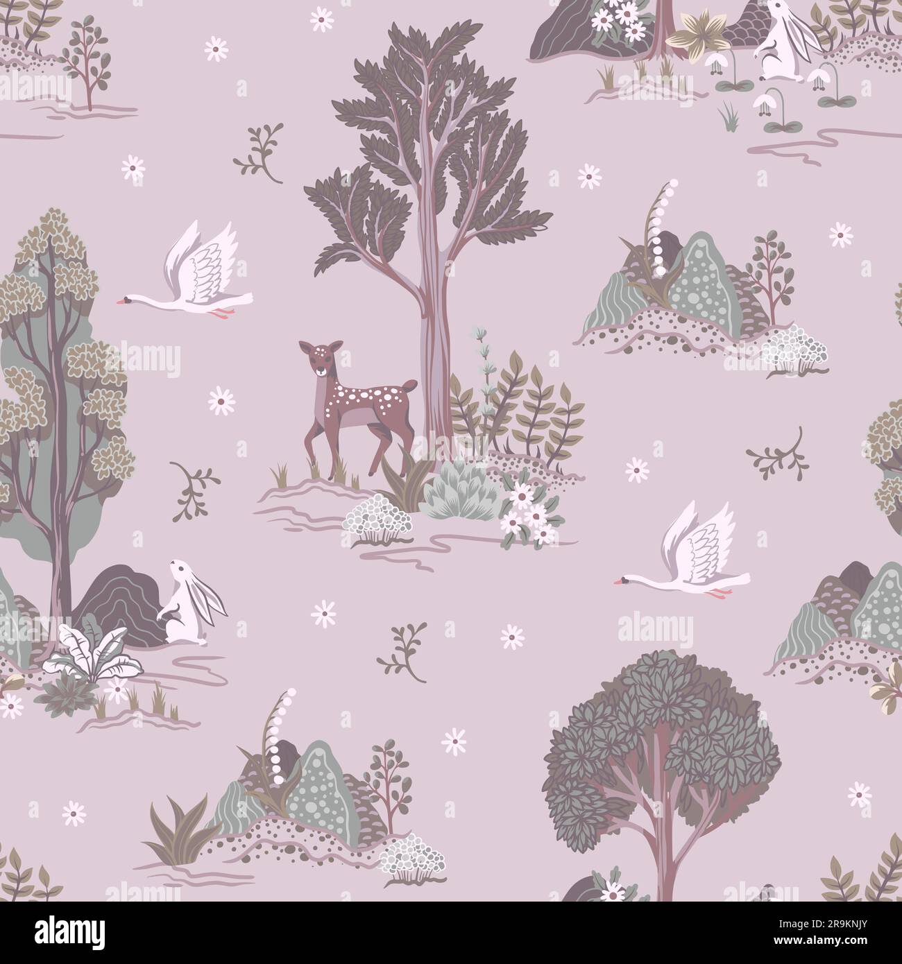 Seamless rustic pattern with trees, animals and plants. Vector Stock ...