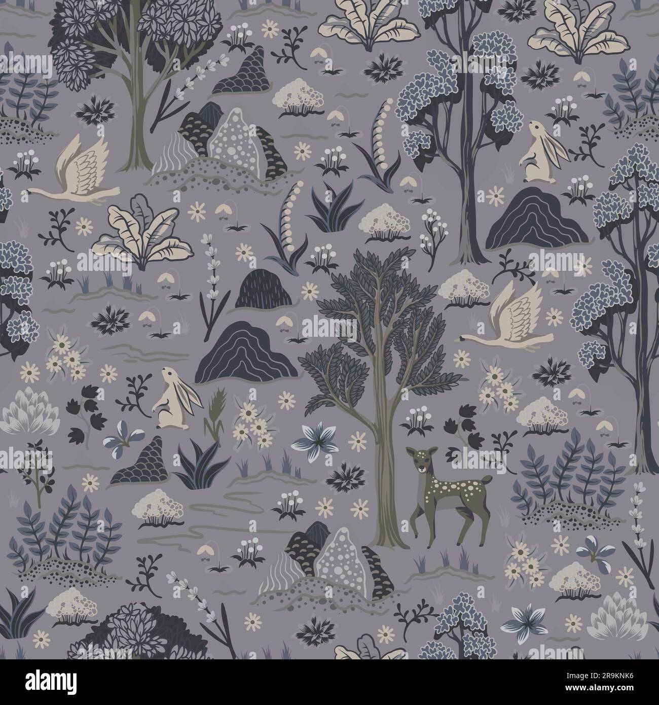 Seamless rustic pattern with trees, animals and plants. Vector Stock ...
