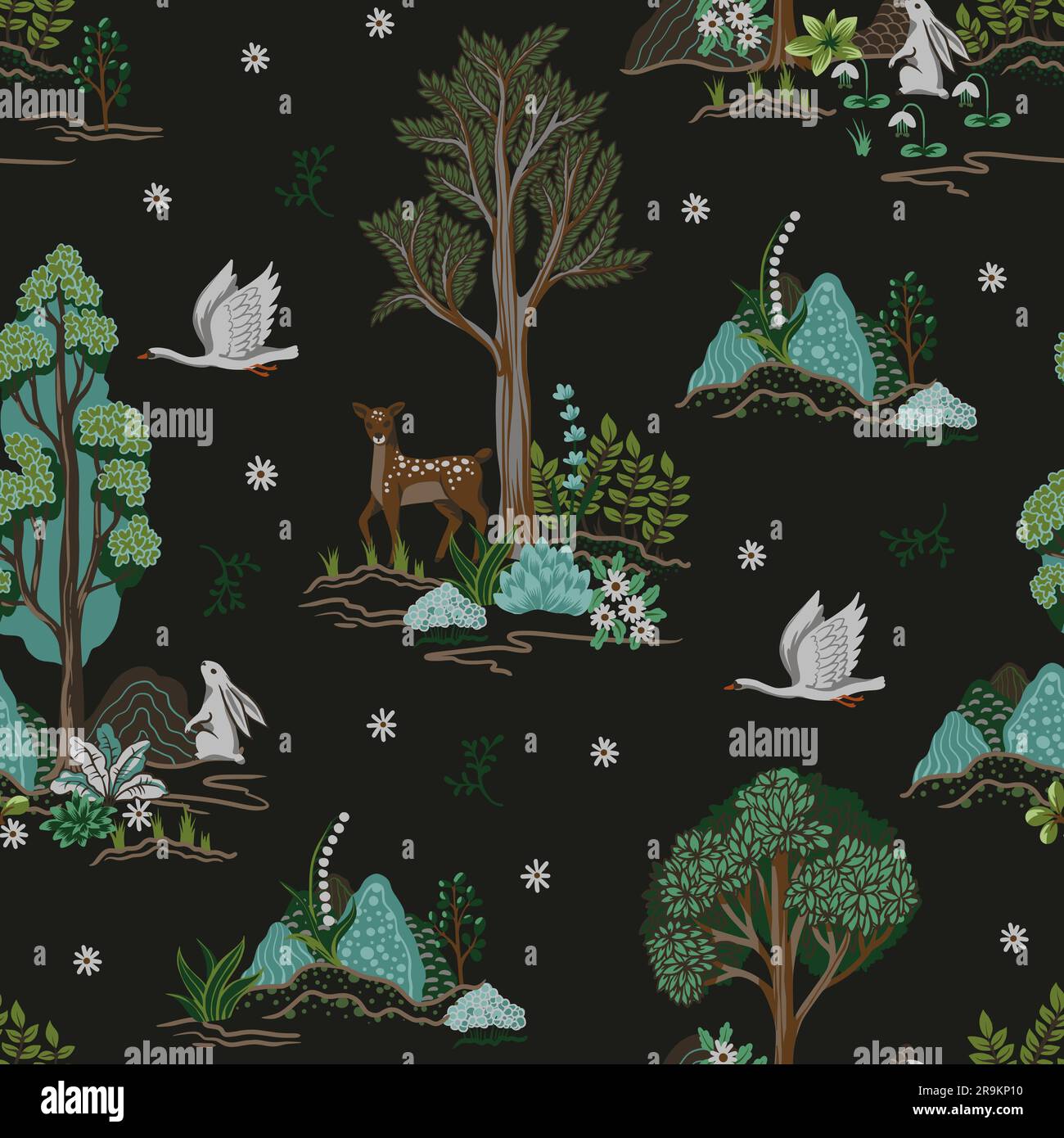 Seamless rustic pattern with trees, animals and plants. Vector Stock ...