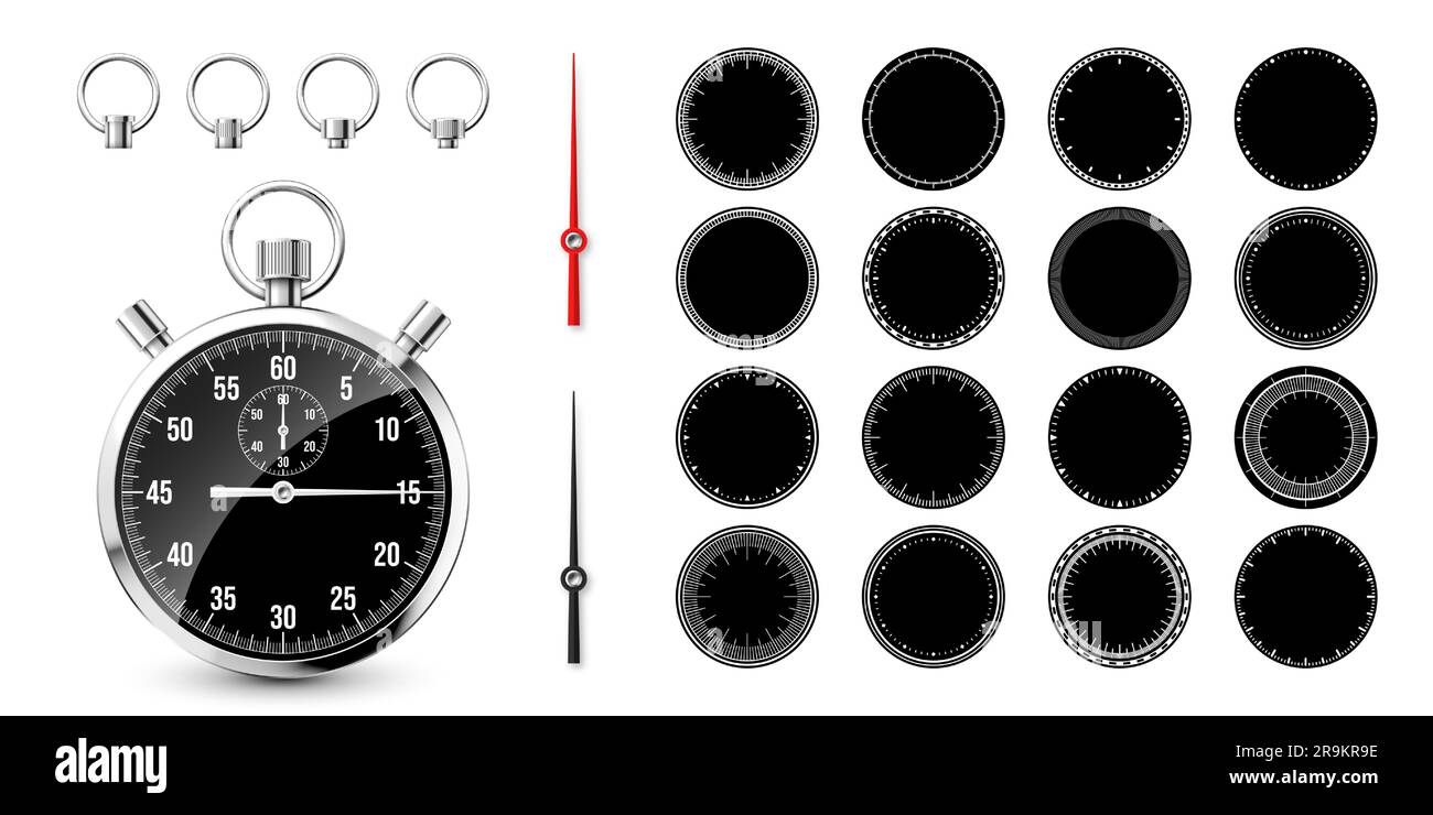 Classic stopwatch with clock faces. Shiny metal chronometer, time