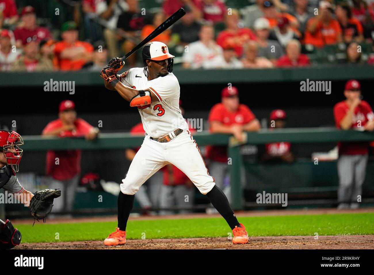 Baltimore Orioles' Jorge Mateo during an at bat in the fourth inning of a  baseball game between the Baltimore Orioles and the Cincinnati Reds,  Monday, June 26, 2023, in Baltimore. The Orioles