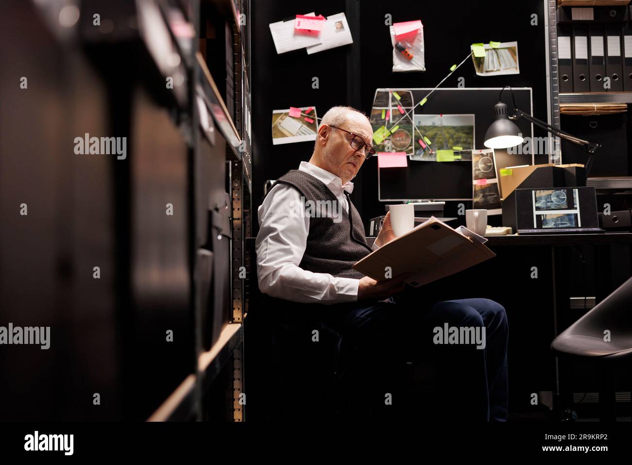 Old investigator working overhours at missing person case, analyzing crime scene evidence. Elderly police officer sitting at desk reading confidential victim report files in arhive room Stock Photo