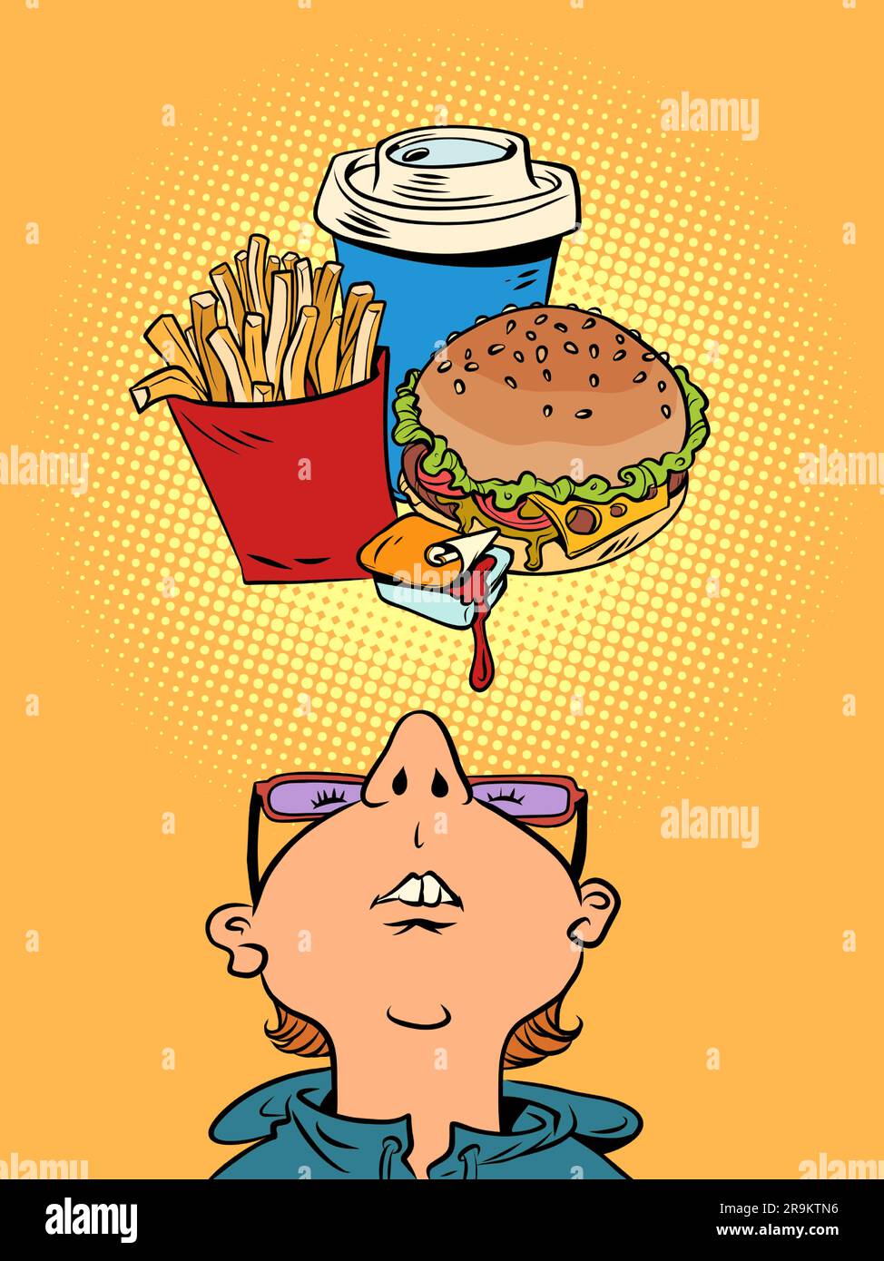 Thinking about delivering delicious fast food to your home. Bad food for our health, and we still want it. A man with glasses looks up, and there are Stock Vector