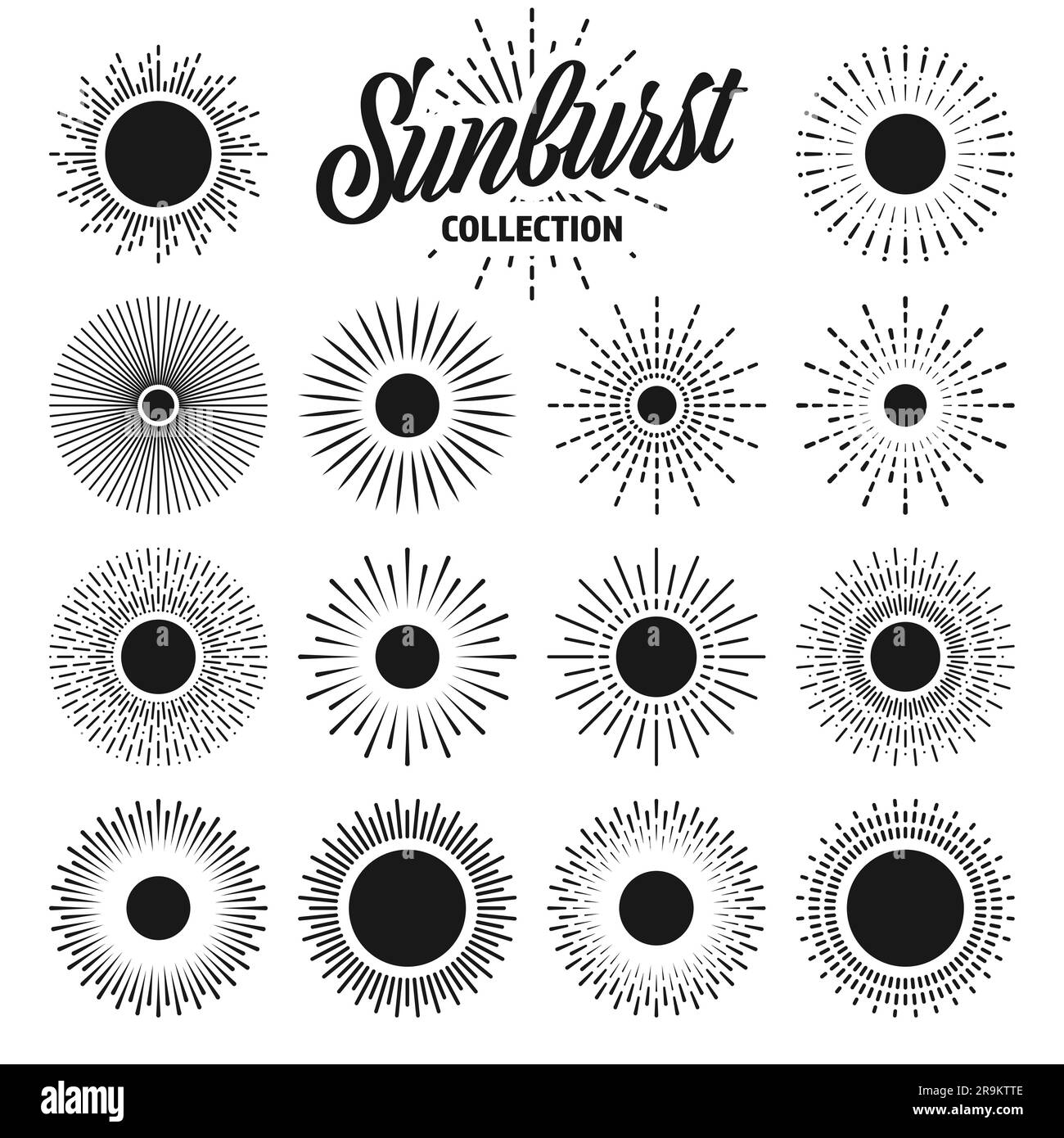 Vintage sunburst, sunset beams collection. Hand drawn bursting sun, light rays. Logotype or lettering design element in retro style. Vector Stock Vector