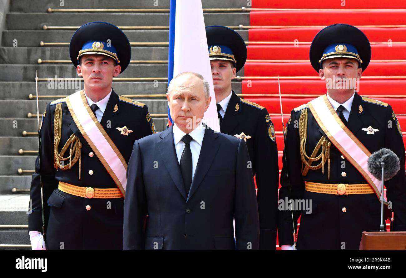 Russian President Vladimir Putin addressed service personnel from the units of the Defence Ministry, the Federal Service of National Guard Troops, the Federal Security Service, the Interior Ministry and the Federal Guard Service, which ensured law and order during the mutiny. Photo: Russian Presidential Office Stock Photo