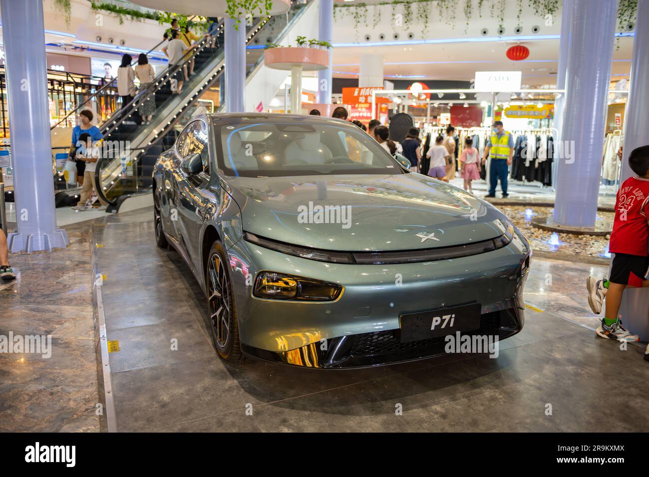 ZHONGSHAN GUANGDONG China-June 22 2023:Xiaopeng P7i electric car in a shopping mall. Stock Photo