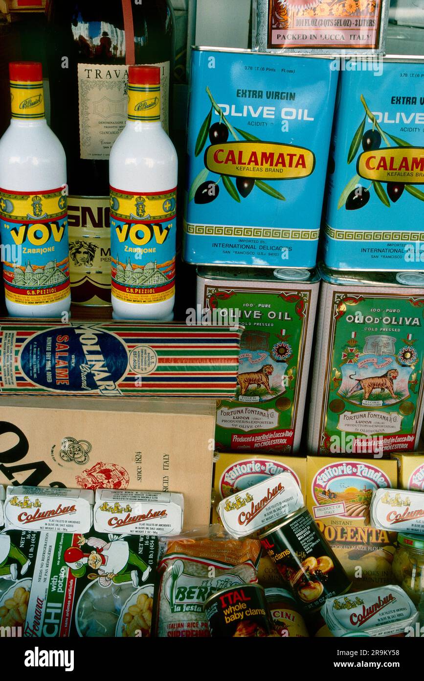 Italian groceries on display in a shop in North Beach, San Francisco