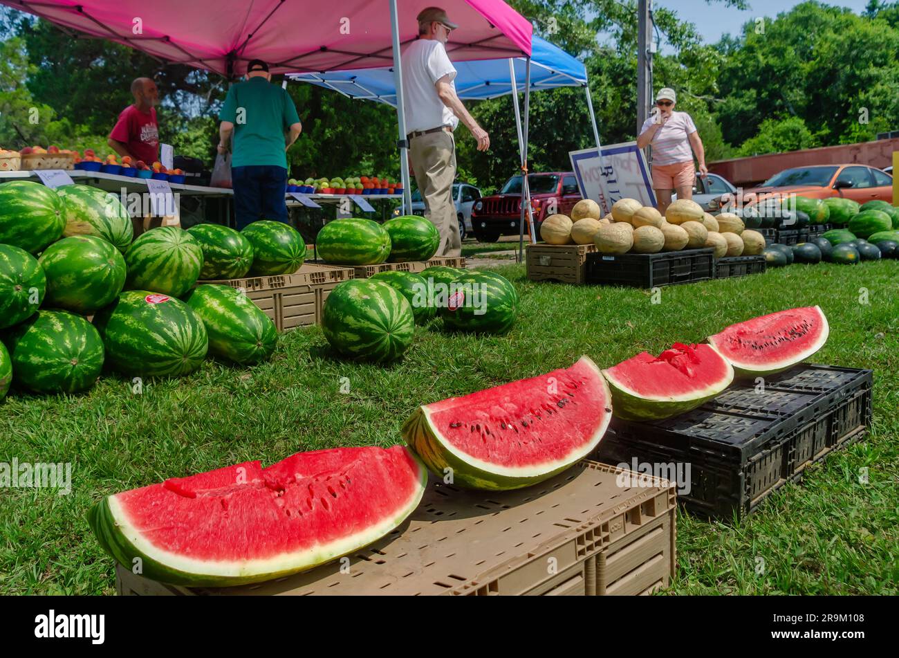 Customers inspect the watermelons at Randy Price’s fruit stand, June 27