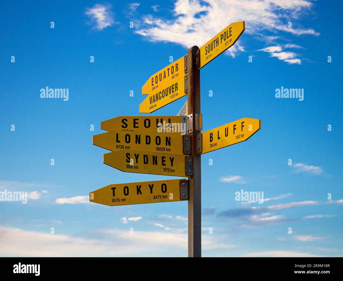 Yellow signpost information board pole showing world city destinations