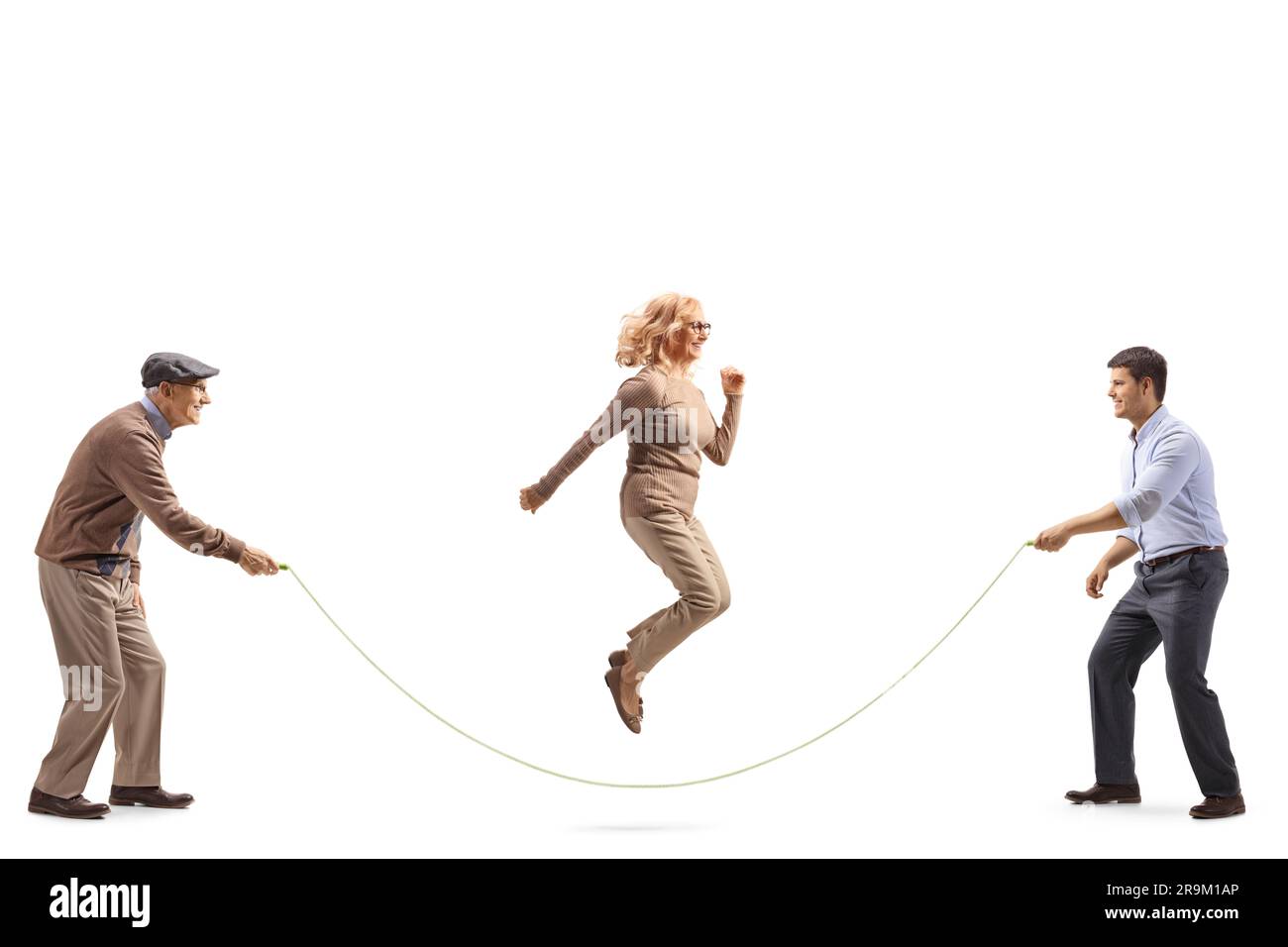 Hoping Rope Men holding a rope and a mature woman jumping isolated on white ...