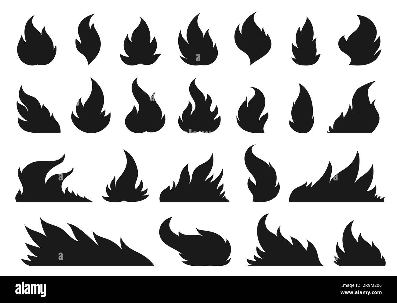 Fireball flame, hot fire black silhouette signs. Campfire fiery icon set. Furious flammable combustion flat clipart. Dangerous natural gas blazing. Burning wildfire effect, bonfires isolated on white Stock Vector