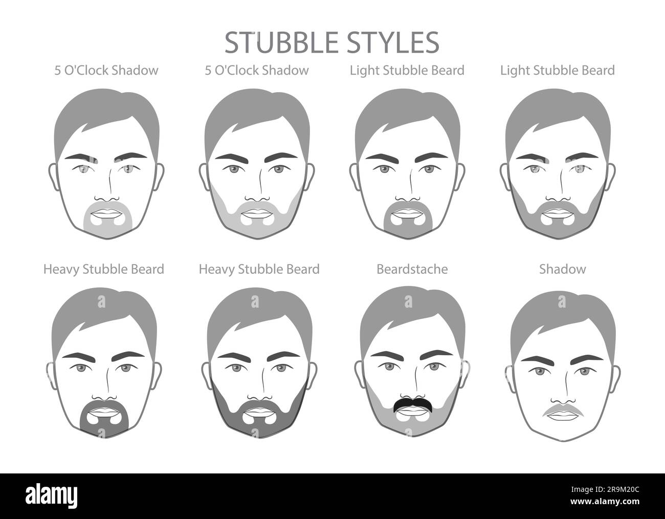 Set of Stubble Beard and mustache with name text style men face illustration Facial hair. Vector black grey portrait male Fashion template flat barber. Stylish hairstyle isolated outline on white. Stock Vector