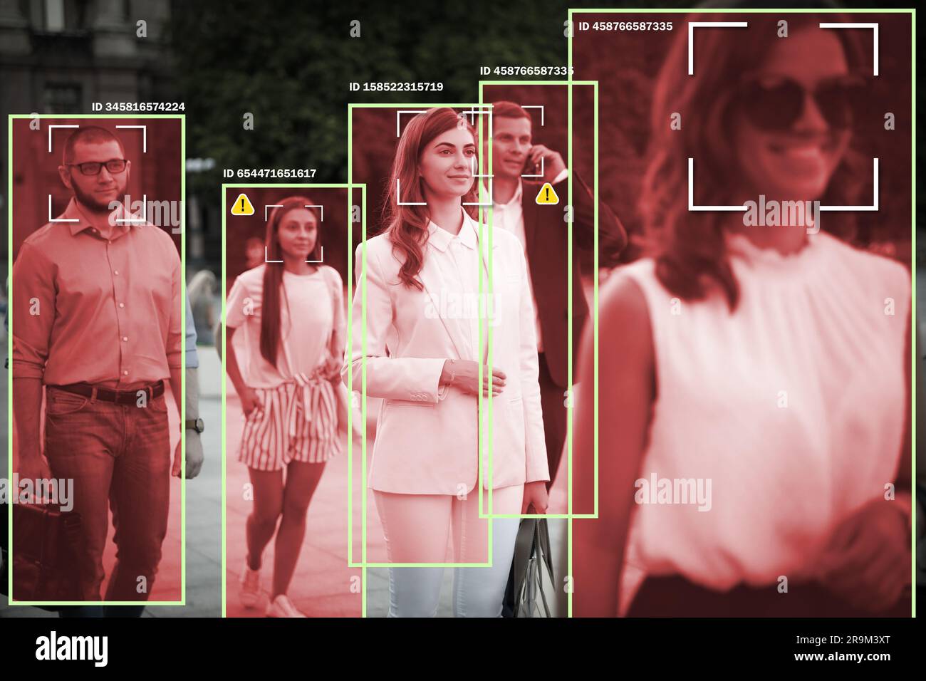 Facial recognition system identifying people on city street. AI giving their personal data Stock Photo