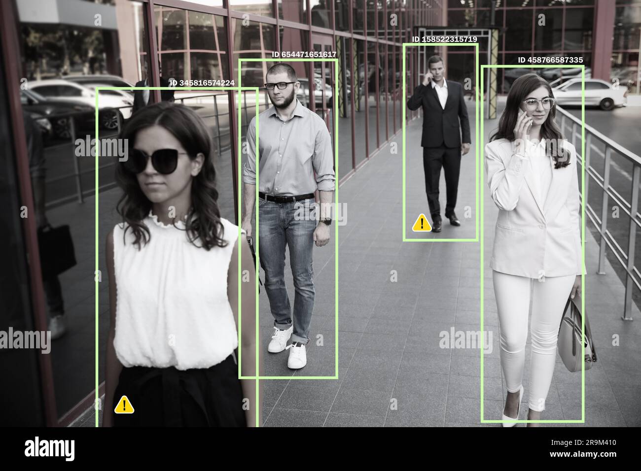 Facial recognition system identifying people on city street. AI giving their personal data Stock Photo