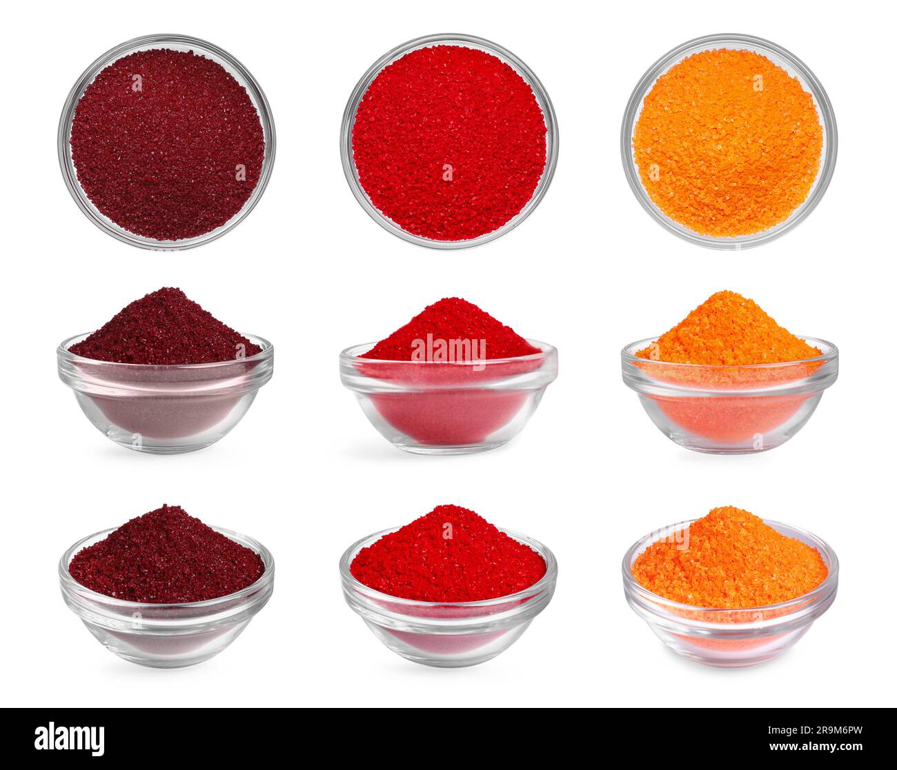 Collage of different powdered food coloring in bowls isolated on white