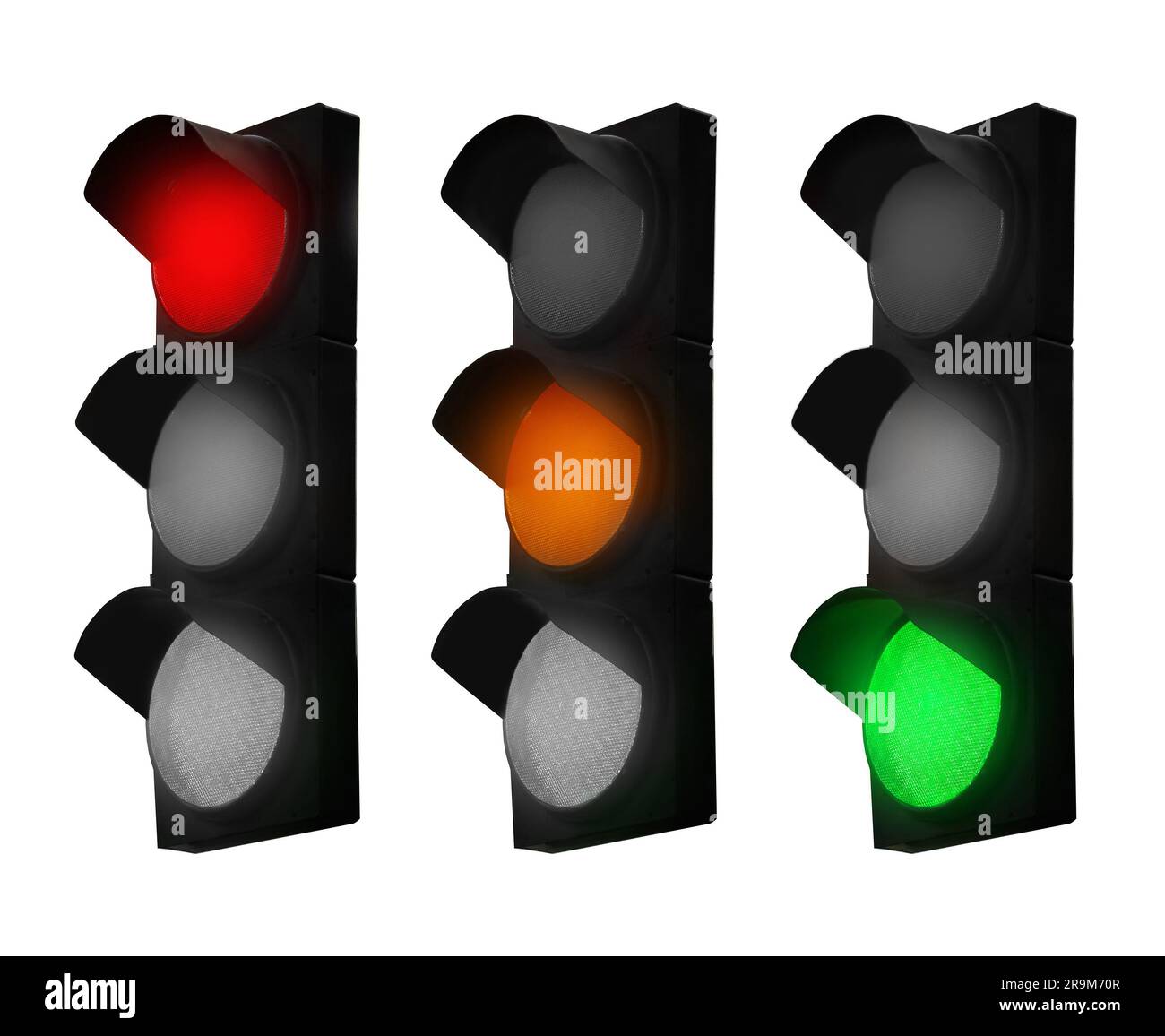 Collage of traffic signal with different glowing lights (red, orange