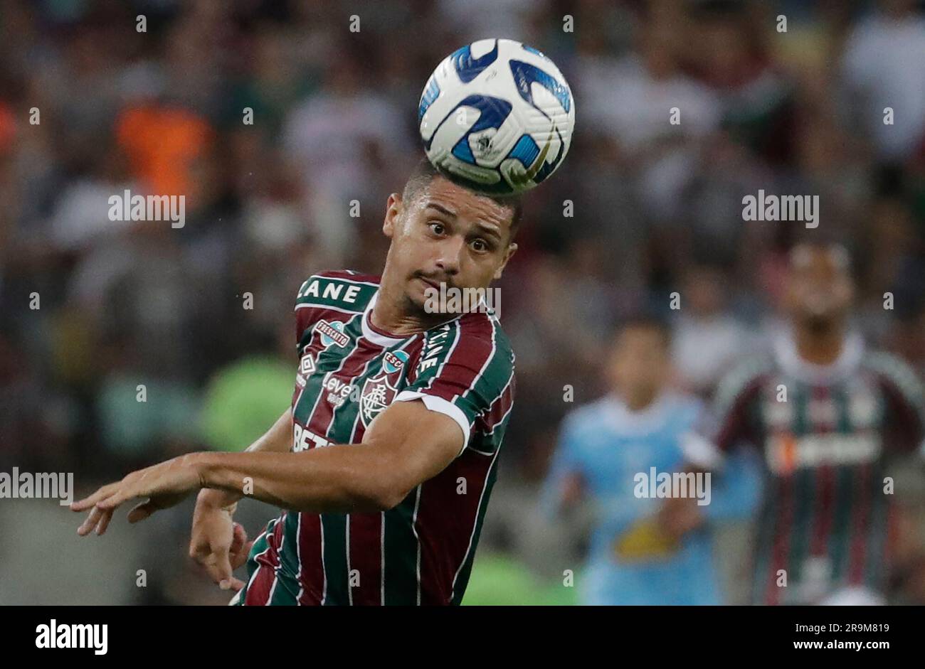 Andre of Brazil's Fluminense heads the ball during a Copa Libertadores  Group D soccer match against Peru's Sporting Cristal at Maracana stadium in  Rio de Janeiro, Brazil, Tuesday, June 27, 2023. (AP