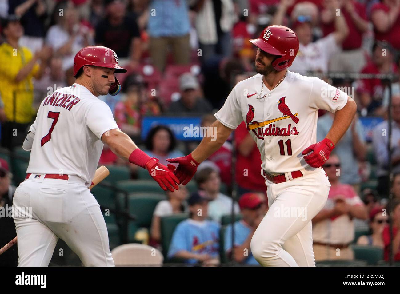 St. Louis Cardinals' Andrew Knizner is congratulated after his solo home run  against the Chicago Cubs during the fourth inning of a baseball game  Thursday, July 27, 2023, in St. Louis. (AP