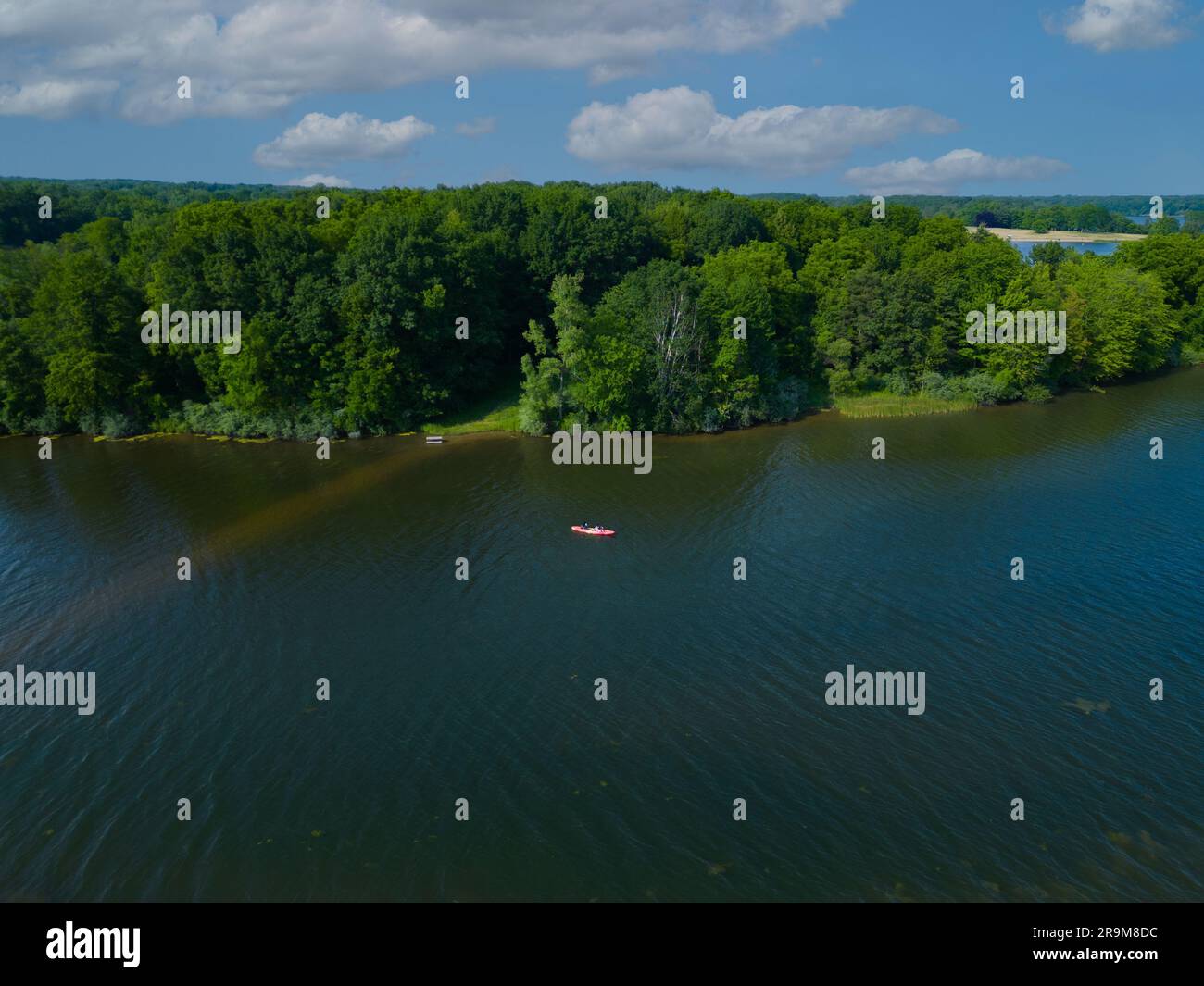 An aerial view of a lake with abundant green foliage in the surrounding ...
