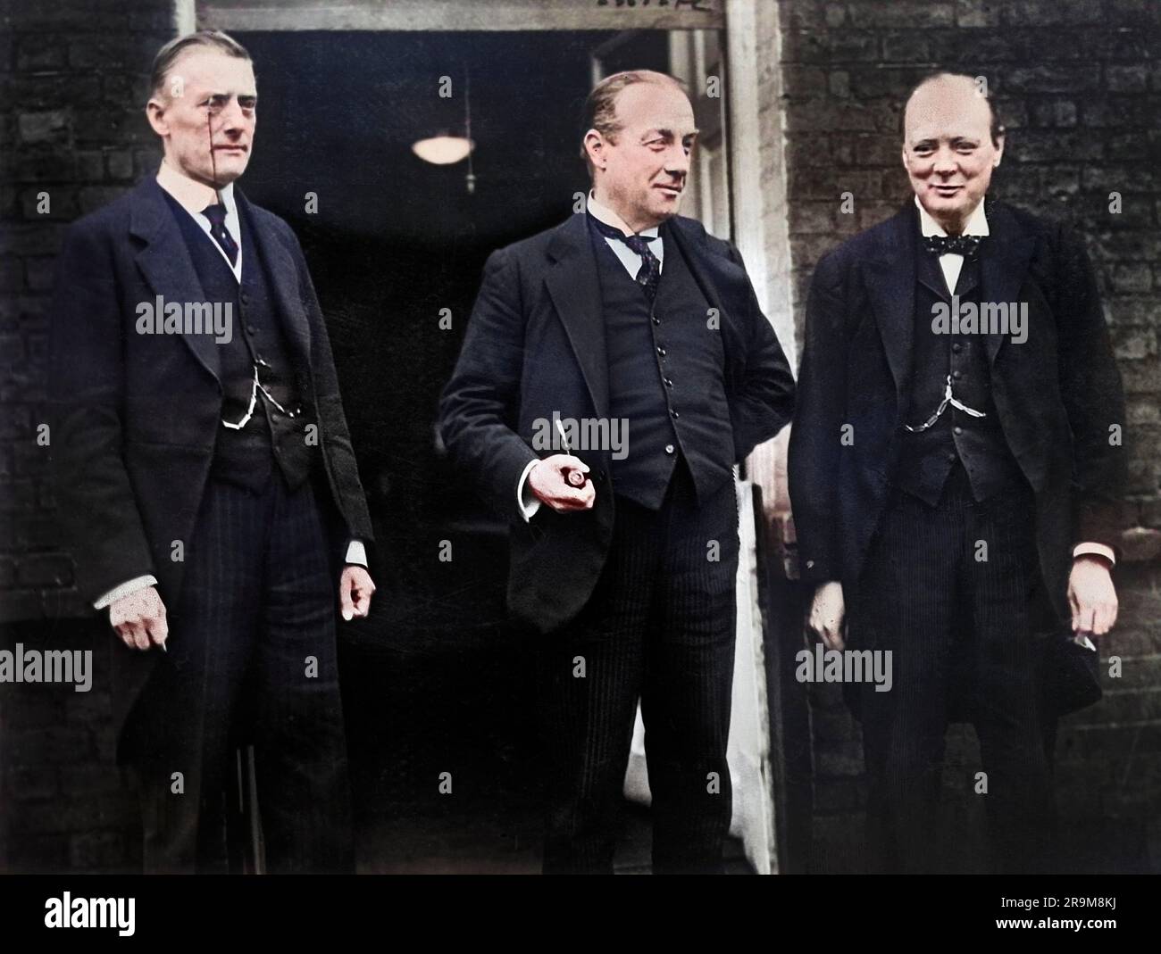 British Foreign Secretary, Austen Chamberlain, British Prime Minister Stanley Baldwin, and Chancellor of the Exchequer Winston Churchill, full-length portrait, Underwood & Underwood, 1925 Stock Photo