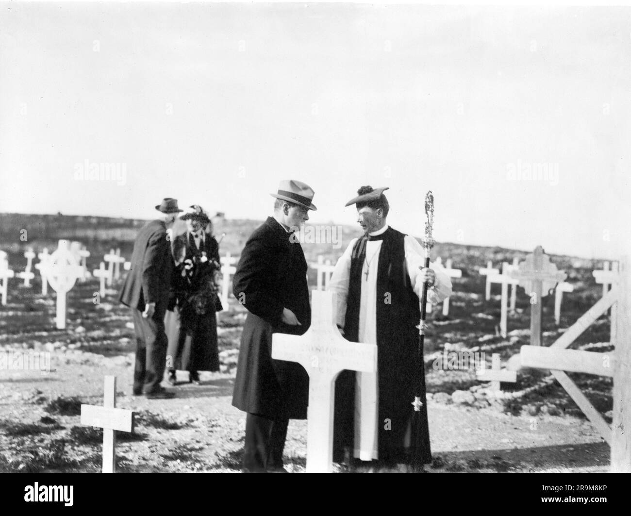 Winston Churchill with Bishop MacInnes of Jerusalem at memorial service in Military Cemeter, yMount Scopus, Jerusalem, Mandatory Palestine, American Colony (Jerusalem) Photo Department, March 1921 Stock Photo