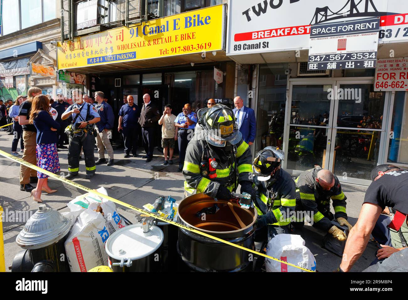 New York, USA, June 27, 2023, FDNY fire officials inspect an ebike