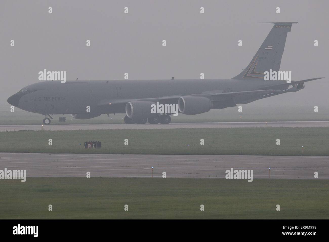 A KC-135T Stratotanker from the 171st Aerial Refueling Squadron of the 127th Wing at Selfridge Air National Guard Base taxis following an aerial refueling sortie on June 27, 2023. In addition to routine aerial refueling training in all conditions, aircraft from the 127th Wing, including A-10C Thunderbolt II attack aircraft of the 107th Fighter Squadron, commemorated the 100-year anniversary of the first aerial refueling conducted on June 23, 1923. Stock Photo