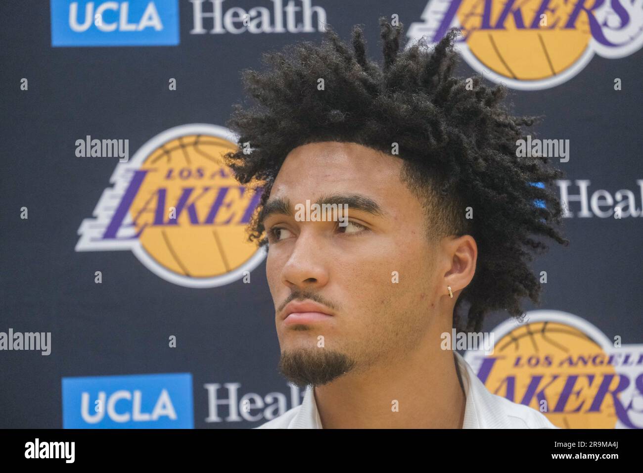 Los Angeles, United States. 27th June, 2023. Los Angeles Lakers new draft pick Jalen Hood-Schifino attends a news conference in El Segundo. Credit: SOPA Images Limited/Alamy Live News Stock Photo