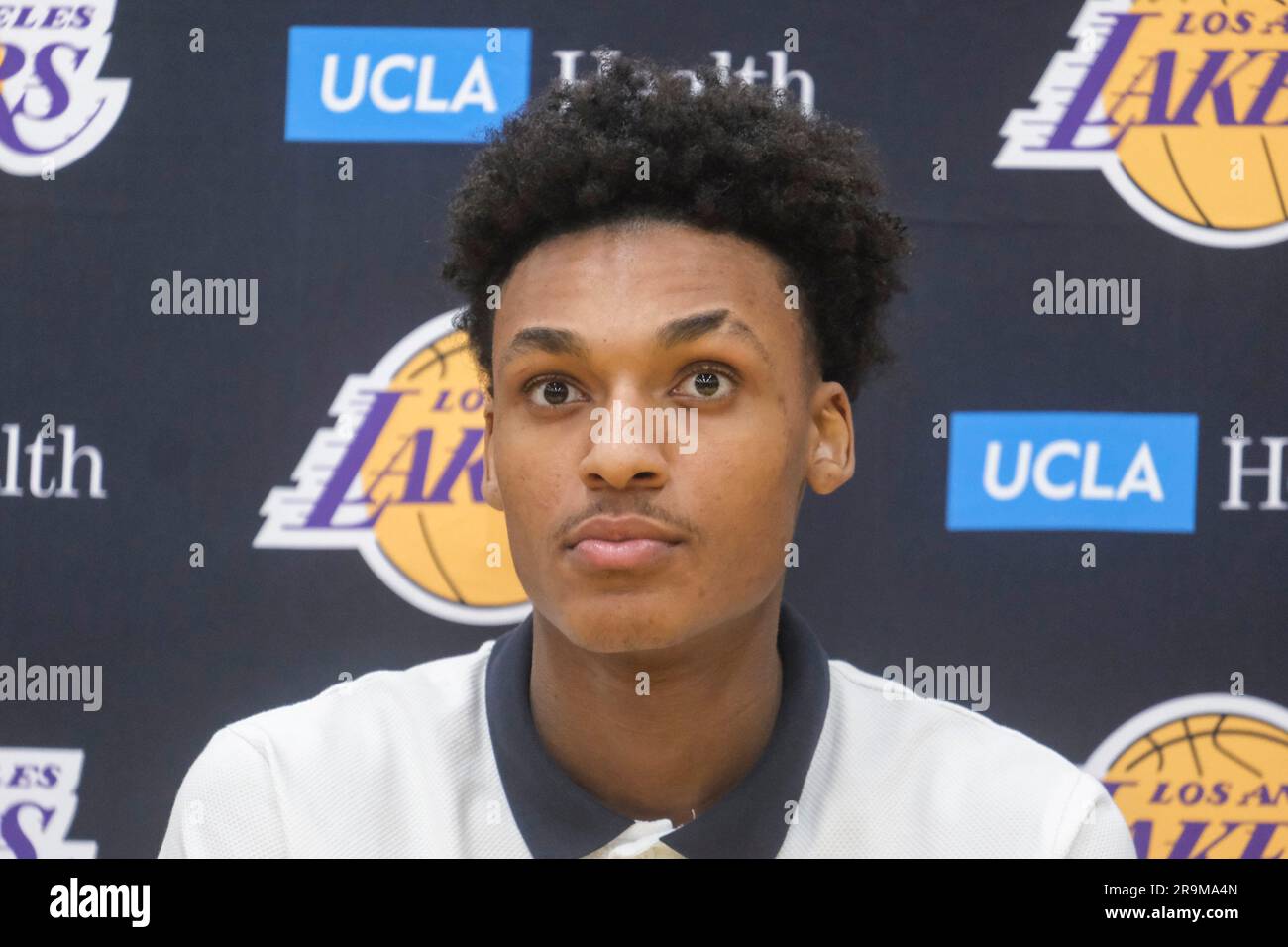 Los Angeles, United States. 27th June, 2023. Los Angeles Lakers new draft pick Maxwell Lewis attends a news conference in El Segundo. Credit: SOPA Images Limited/Alamy Live News Stock Photo