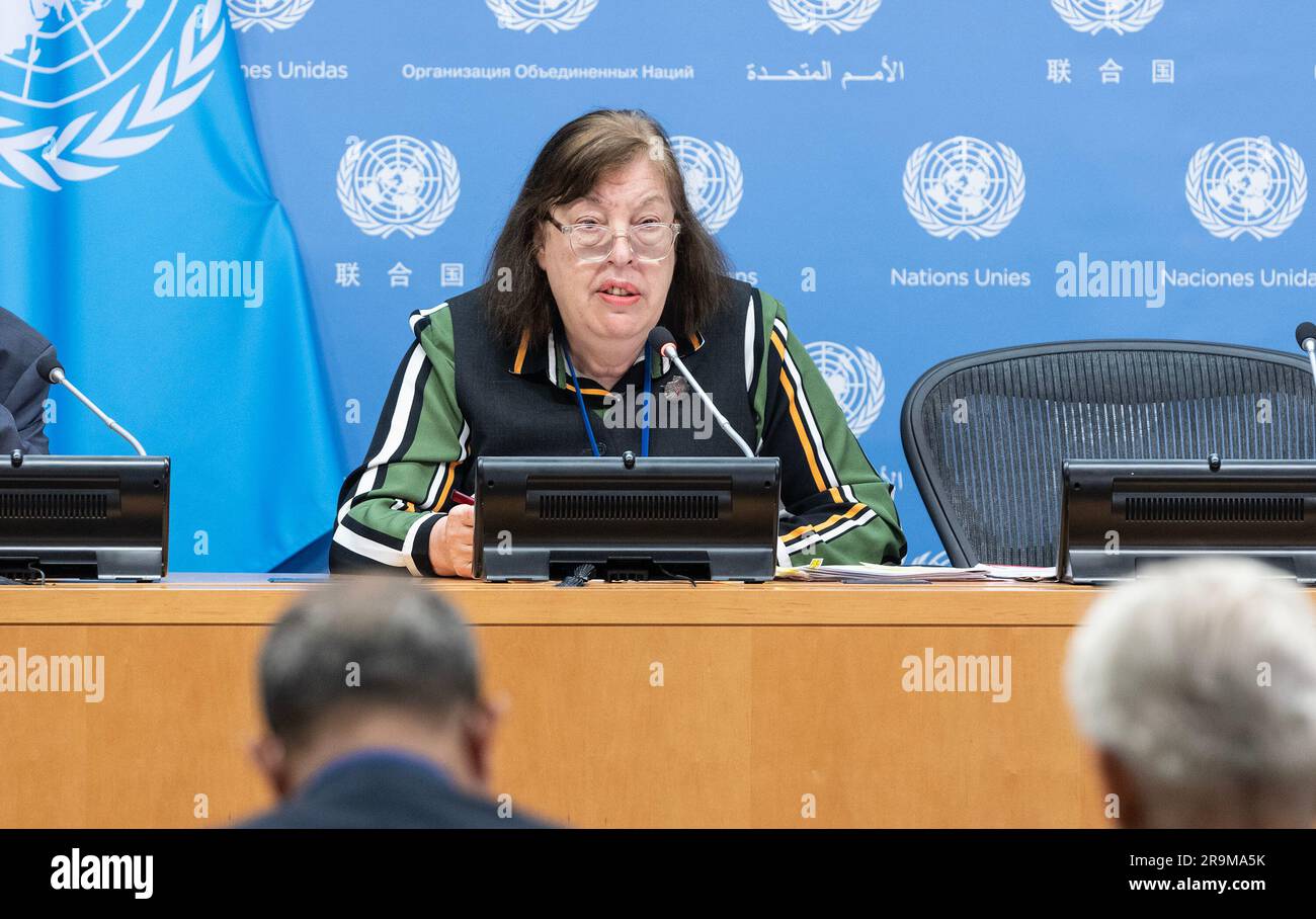 Press Briefing by Virginia Gamba, Special Representative of the Secretary-General for Children and Armed Conflict at UN Headquarters. During presentation of annual report covering 2022 Ms. Gamba highlighted that UN documented 27180 grave violations against children. She mentioned that highest number of children affected are frmo Democratic Republic of Congo and Ukraine, as well as Syria, Somalia, State of Palestine and Israel. Report particular mentioned Ukraine as Russia continues wage the war against it. Report was presented to General Assembly and Security Council. (Photo by Lev Radin/Pacif Stock Photo