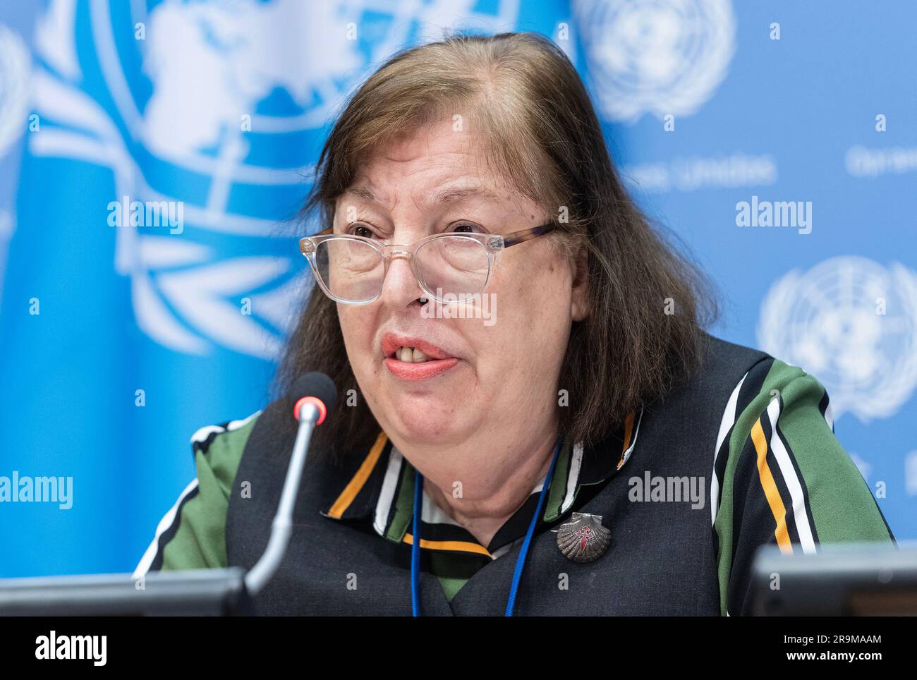 New York, New York, USA. 27th June, 2023. Press Briefing by Virginia Gamba, Special Representative of the Secretary-General for Children and Armed Conflict at UN Headquarters. During presentation of annual report covering 2022 Ms. Gamba highlighted that UN documented 27180 grave violations against children. She mentioned that highest number of children affected are frmo Democratic Republic of Congo and Ukraine, as well as Syria, Somalia, State of Palestine and Israel. Report particular mentioned Ukraine as Russia continues wage the war against it. Report was presented to General Assemb Stock Photo