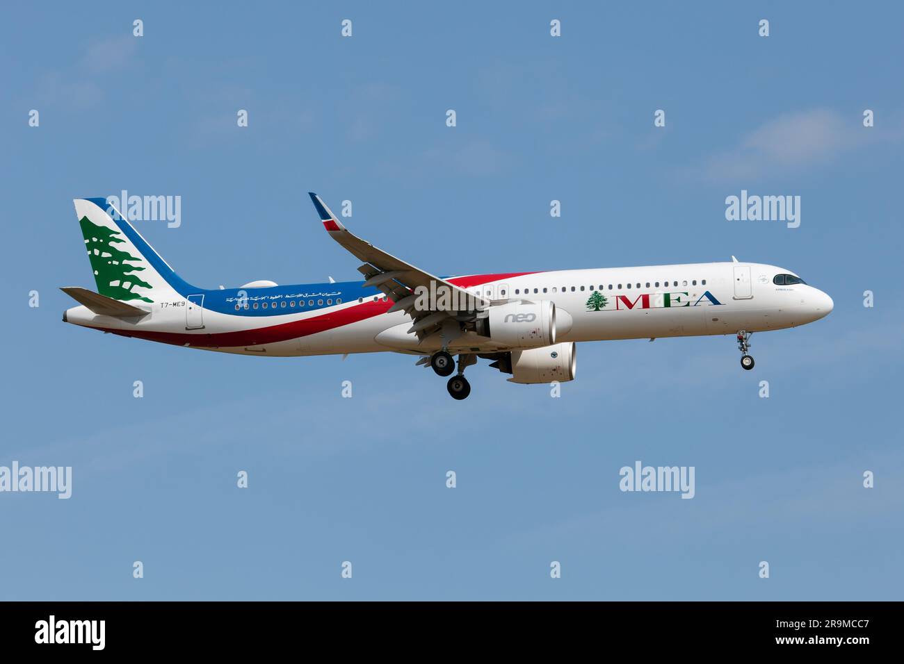 Frankfurt, Germany. 3rd June, 2023. A Middle East Airlines (MEA) Airbus 321 NEO landing at Fankfurt airport. Middle East Airlines is the flag carrier of Lebanon, with its head office in Beirut, near BeirutÃ±Rafic Hariri International Airport. (Credit Image: © Fabrizio Gandolfo/SOPA Images via ZUMA Press Wire) EDITORIAL USAGE ONLY! Not for Commercial USAGE! Stock Photo