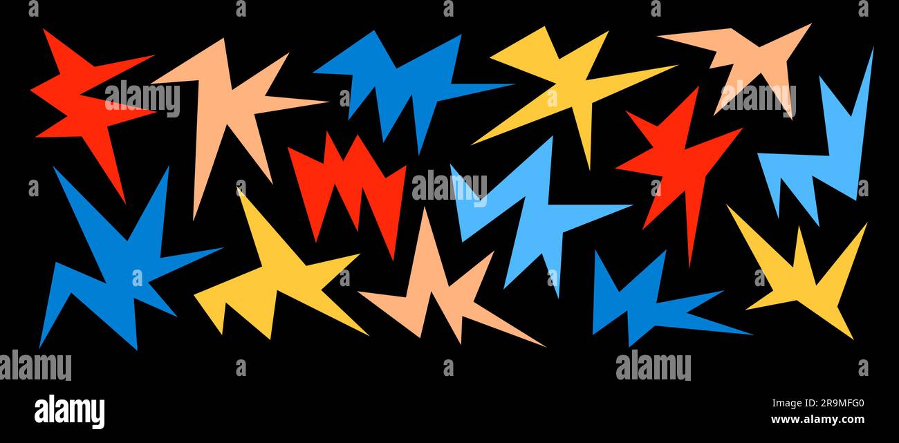 Set of colorful sharp irregular shapes on dark background. Abstract ...