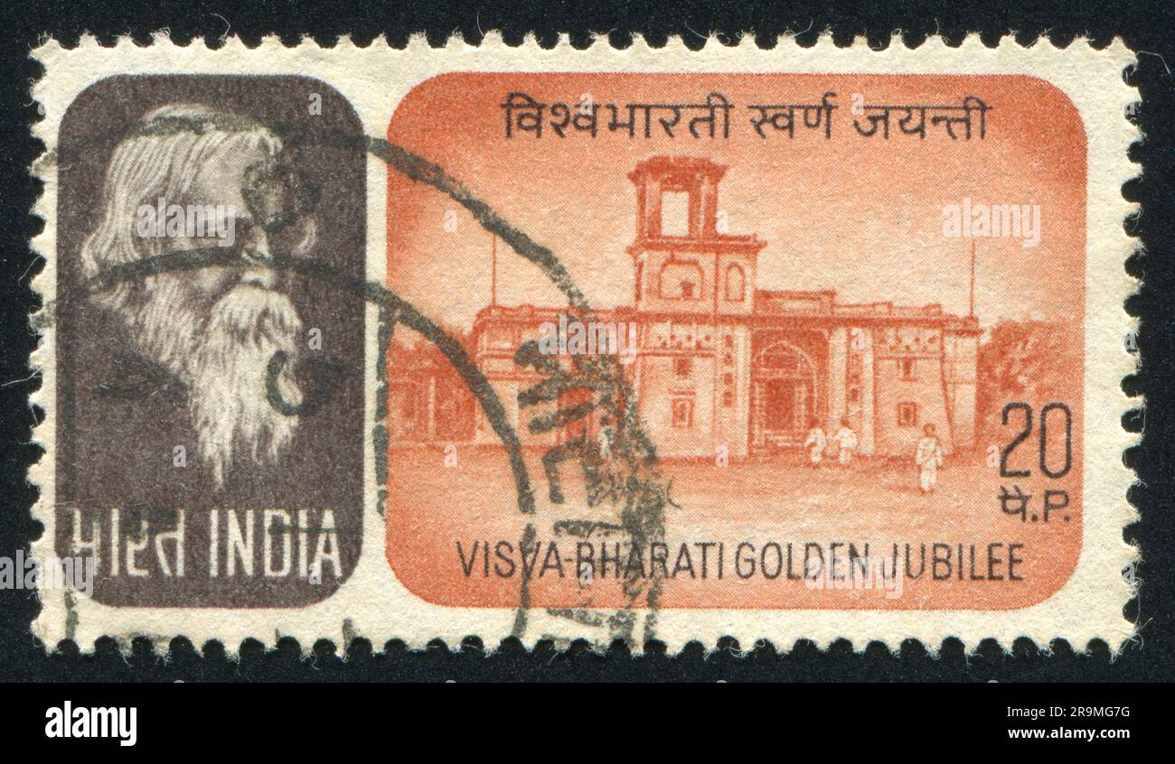 INDIA - CIRCA 1971: stamp printed by India, shows Rabindranath Tagore and building, circa 1971 Stock Photo